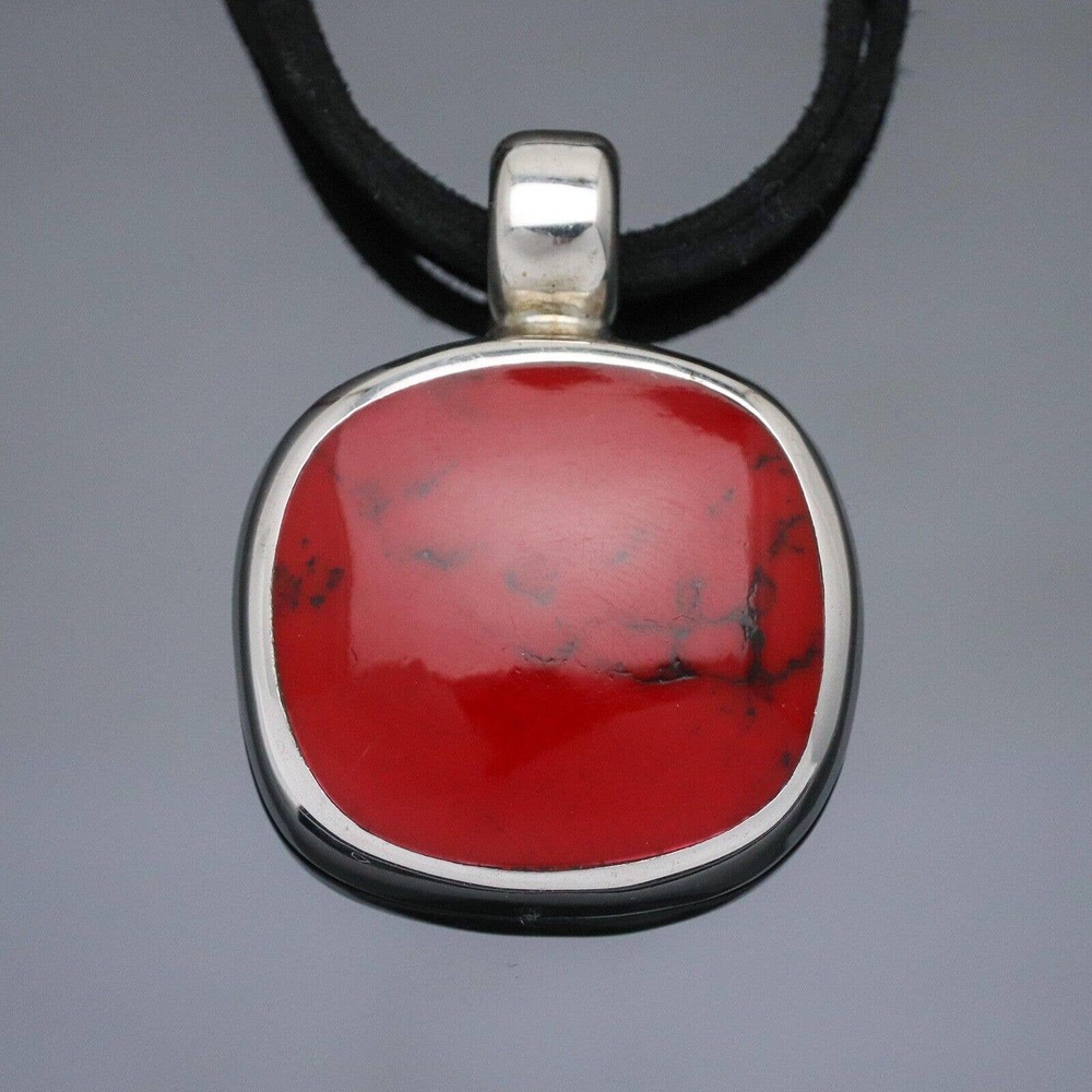 Vintage Mexico ATI Sterling Silver 925 Red Jasper Pendant Cord Necklace 16"